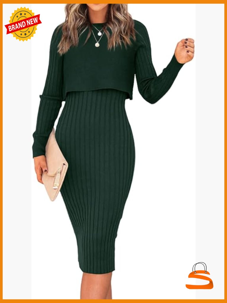 Long Sleeve Sweater 2 Piece Set Crop Top Tank Bodycon Midi Dress